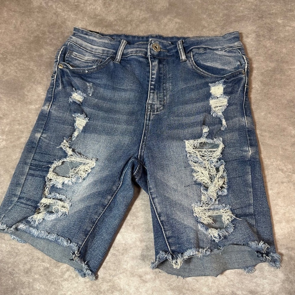 Elite Jeans Womens Distressed Denim Shorts Size 7 28 Blue Raw Hem Bermuda